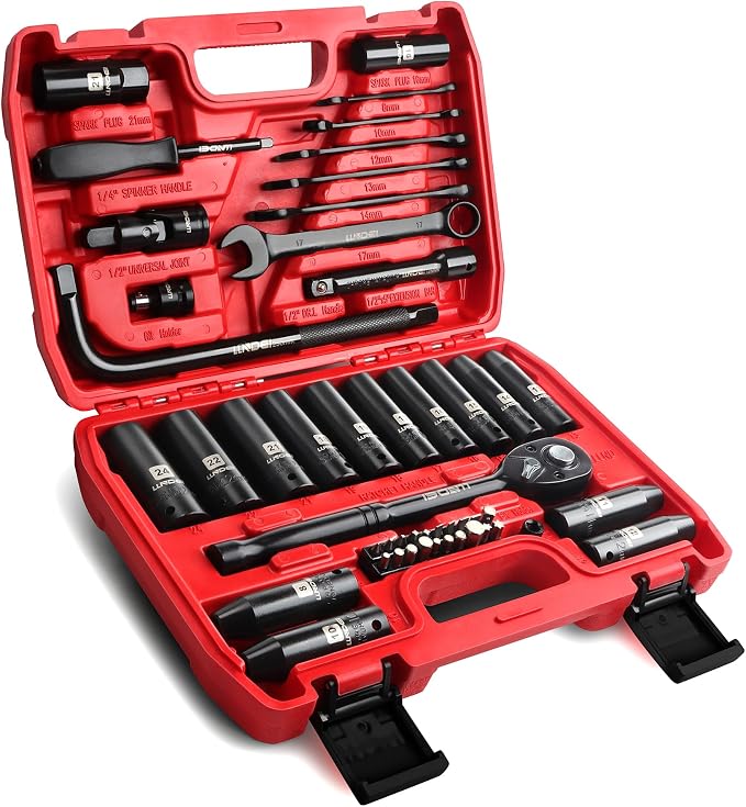 1/2" Impact Socket Wrench Set: 49Pcs Tool Wrench Set, CR-V, Metric | Combination Wrenches (8-17mm), Deep Sockets(8-24mm), Spark Plug Socket(16,21mm), Household&Automotive Repairing