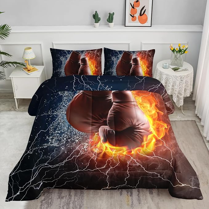 Axolotl Boxing Bedding Set King,Sports Theme Comforter Set,3Pcs Boxing Gloves Bedding,Red Blue Cool Lightning Comforter,Pugilism Games Bed for Kids Boys Teens Men,1 Quilt 2 Pillowcases
