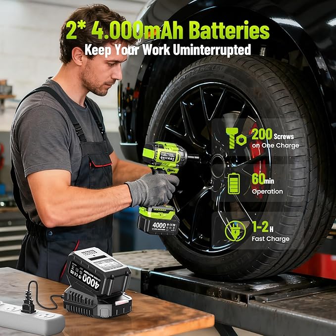 Robustrue Cordless Impact Wrench, 590Ft-lbs (800N.m) Brushless 1/2 inch, 2800RPM High Torque Impact Gun, 2x 4.0Ah Battery, Charger, 4 Sockets, Electric Impact Wrench for Car Home