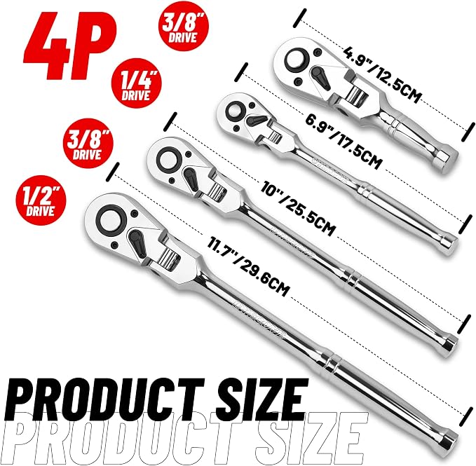 1/2 3/8 1/4 Inch Drive Ratchet Set 4Pcs Flex Head Ratchet Set | 72 Tooth Quick Release Flexible Swivel Head Socket Ratchet Wrench Set