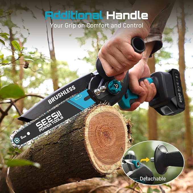 SEESII Mini Chainsaw Cordless, 8 Inch & 6 Inch Electric Chainsaw with 2 Batteries & Auto Oiler, 1000W Brushless Handheld Chain Saw for Tree Branch Wood Cutting, Garden Tools Gift for Men Dad Husband