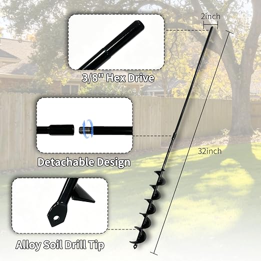 TCBWFY 2x32 Inch Auger Drill Bit for Planting - Long Handle Easy Planter Garden Auger - Bulb & Bedding Plant Augers - Post Hole Digger for 3/8”Hex Drive