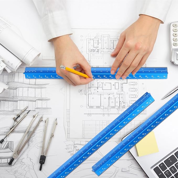 Macarrie 10 Pcs Architectural Scale Ruler 12" Architect Engineers Scale Triangular Ruler Set Aluminum Metal Rulers with Imperial Measurements for Architect Student Draftsman Engineer (Blue)