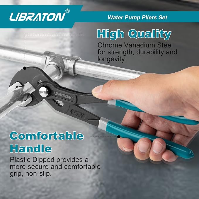 Libraton CR-V Steel Plumbing Pliers Set - Groove Joint & V-Jaw Tongue & Groove Pliers, Pipe Grips, Ratcheting Push Button Adjustment, 3PCS