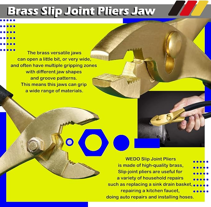 WEDO Brass Slip Joint Pliers 8", Adjustable Combination Pliers with Non-Slip Handle,For Gripping, Loosening Nuts and Bolts, Cutting Steel Wire,Die-Forged,Corrosion Resistant