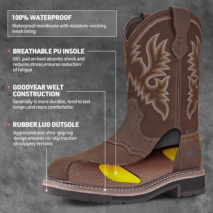 HISEA NINGO Steel Toe Work Boots for Men, Waterproof Square Toe Cowboy Boots Slip on, Comfortable Soft Toe Pull on Western Safety Work Shoes for Construction Industrial Working Welding Riding, Brown