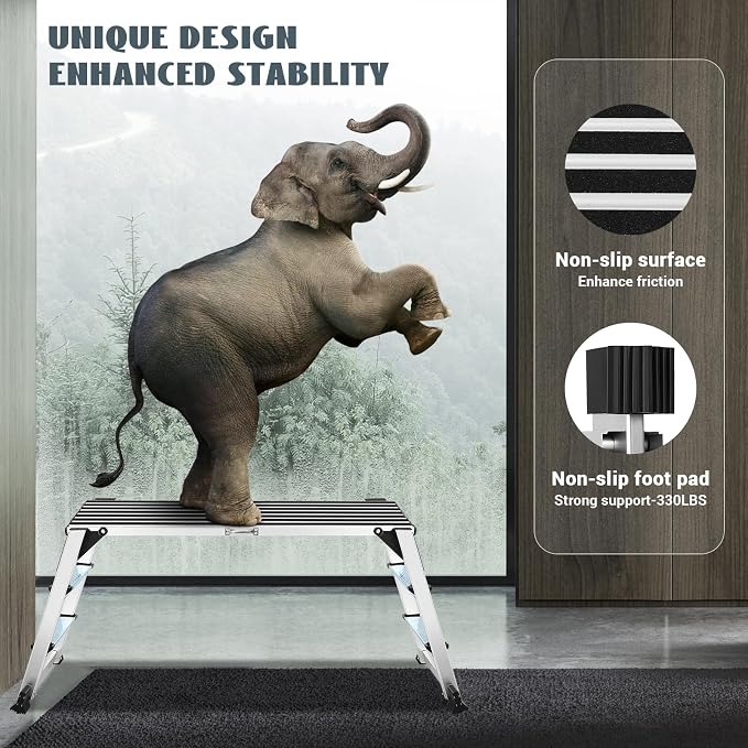 Work Platform Two Step Ladder, Aluminum Platform 45"×12"×27" Non-Slip, Heavy Duty Folding Work Bench 330 lbs Load Capacity for Washing Vehicles, Cleaning, Painting
