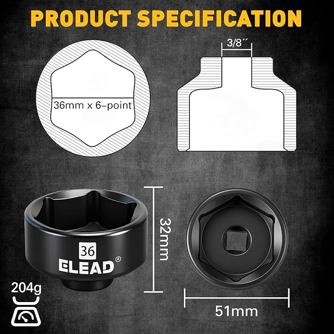 ELEAD 36 mm Oil Filter Socket Wrench, 3/8'' Drive 6-Point Oil-Filter Removal Tool, Metric Oil Filter Wrenches, Low Profile Design for Easy Removal, Chrome Vanadium Steel Oil-Change Tool
