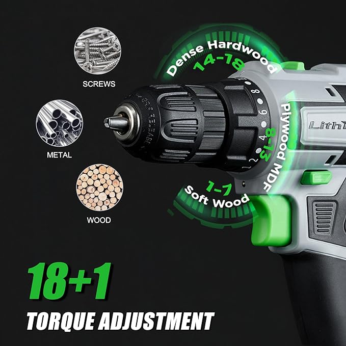 Cordless Drill Set, 20V Power Drill with Battery 2.0Ah and Charger, 3/8-Inch Keyless Chuck Electric drill, 18+1 Position, 2 Variable Speed, 380 In-lb Torque (Green)