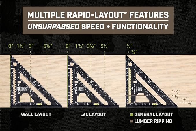 Spec Ops Tools Elite Series Fury 7.5” Rafter Square with Level Vial, Laser Etched & Stamped Markings, Rapid-Layout Features, Wide Heel, Integrated Compass Holes, Digital Rafter Calculator & Guide