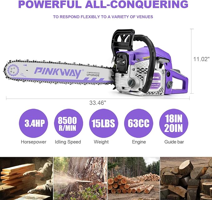 2-cycle 63CC Chainsaw Saw Gas Powered 20" Chain Saws Cordless Petrol Saw Handheld Chainsaw for Cutting Wood Trees Branches (63ACG)