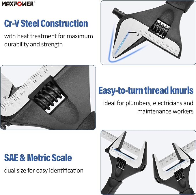 MAXPOWER 10-inch Wide Jaw Adjustable Wrench, 2-inch Jaw Capacity | Cr-V Steel, Stubby Plumbing Wrench, Soft Grips, Smooth Jaws