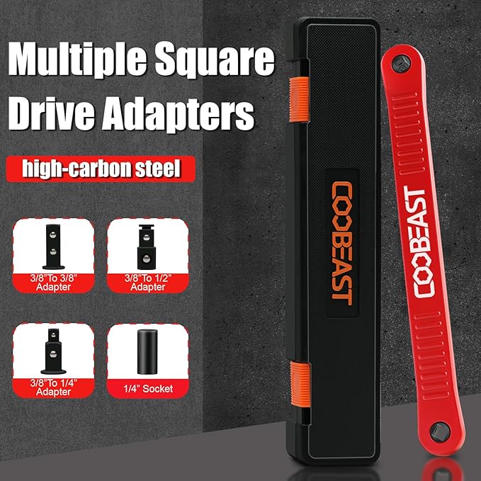 coobeast Red Offset Extension Wrench Impact Ready Socket Wrench Extender Tool with Versatile 1/4", 3/8", and 1/2" Square Drive Adapters, Universal Extensions Wrench for Small Place