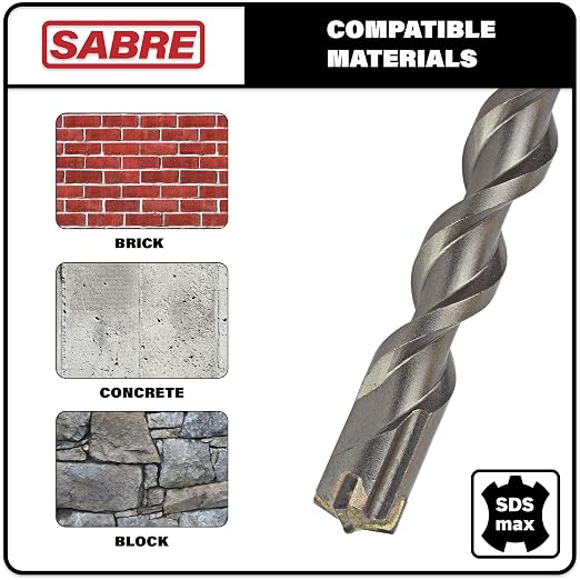 Sabre Tool 1-5/8 Inch x 22 Inch SDS MAX Rotary Hammer Drill Bit, U-Flute, Carbide Tipped for Brick, Stone, and Concrete (1-5/8" x 17" x 22" Double Flute)