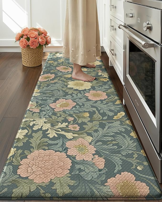 Color&Geometry Floral Kitchen Mat 24"x87", Anti Fatigue Kitchen Mats for Floor, Kitchen Rugs Non Slip, Waterproof & Oil Proof Padded Runner for Standing Desk Office, Sink - Sage Green