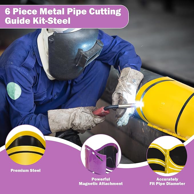 6 Piece Metal Pipe Cutting Guide Kit Sizes Includes:1-5/8" 1-7/8" 2-3/8" 2-7/8" 3-1/2" 4-1/2" Pipe Cutting Guide, Pipe Saddle Template Cutting Guide Cuts at 22.5°, 45°, 90° & Saddle Cut, Steel