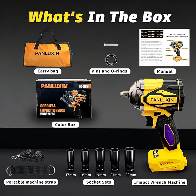 Cordless Impact Wrench for DeWalt 20V Battery,1/2 inch Power Impact Wrench, Brushless Electric Impact Gun 665Ft-lbs(900N.m) High Torque Impact Driver with 3-Mode, LED Work Light(No Battery)