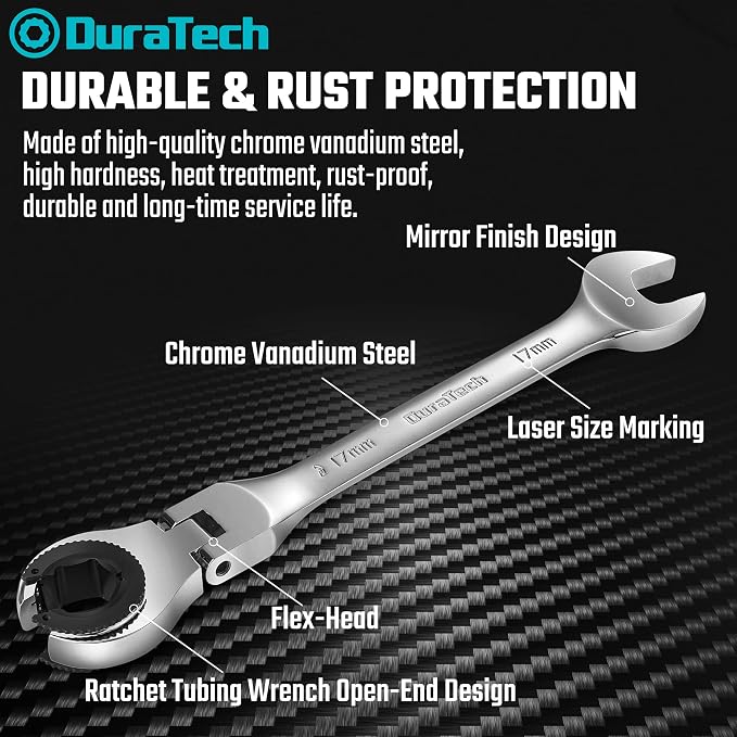 DURATECH 6-Piece Ratcheting Wrench Set with Open Flex-Head, Tubing Wrench | Metric, 10-17mm, 72-Tooth Gear, CR-V Steel, Organizer Bag, Gifts for Men