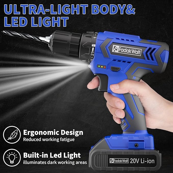 FADAKWALT 20V MAX Cordless Drill Set,Power Drill Kit with Lithium-Ion and charger, 3/8-Inch Keyless Chuck, 2 Variable Speed 21+1 Torque Setting Power Tools Kit，280 inch-lbs with LED Electric Drill Set