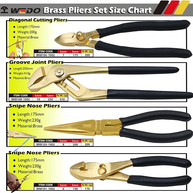WEDO 4PCS Brass Pliers Set - 6" Slip Joint, 7" Diagonal Cutting, 8" Snipe Nose, 10" Groove Joint Pliers with Non-Slip Handle,For Gripping, Loosening Nuts and Bolts, Cutting Steel Wire,Die-Forged