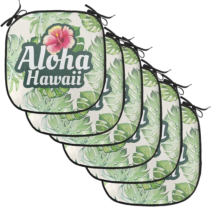 Lunarable Hawaiian Chair Cushion Pads Set of 6, Monstera Leaves Tropic Plants Leaves Humid Weather Summer Travel Destination, Anti-Slip Seat Padding for Kitchen & Patio, 16"x16", Green Pink Cream