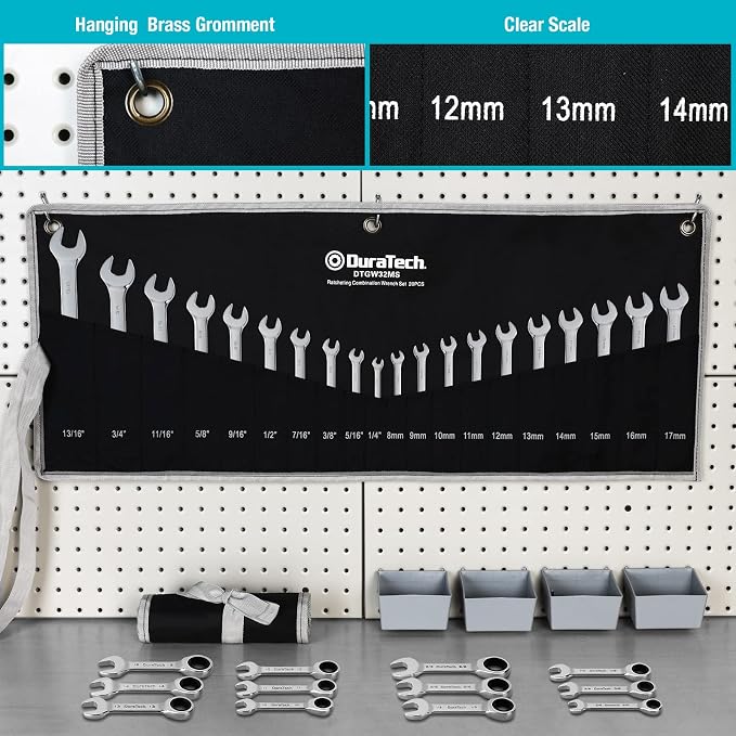 DURATECH 32-Piece Ratcheting Combination Wrench Set | 20PCS Combo Wrench Set & 12PCS Stubby Wrench Set, SAE & Metric, CR-V Steel, with Rolling Pouch