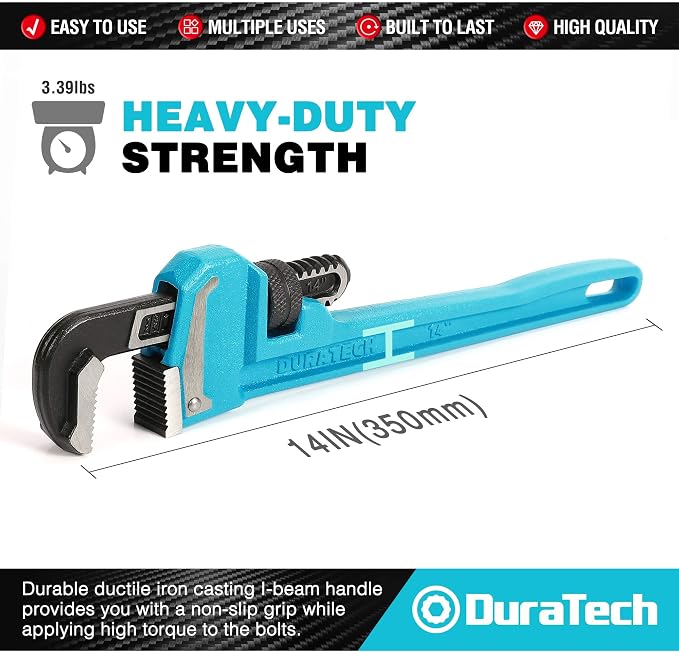 DURATECH 14-Inch Heavy Duty Pipe Wrench, Adjustable Plumbing Wrench | Malleable Cast Iron Handle, Exceed GGG standard