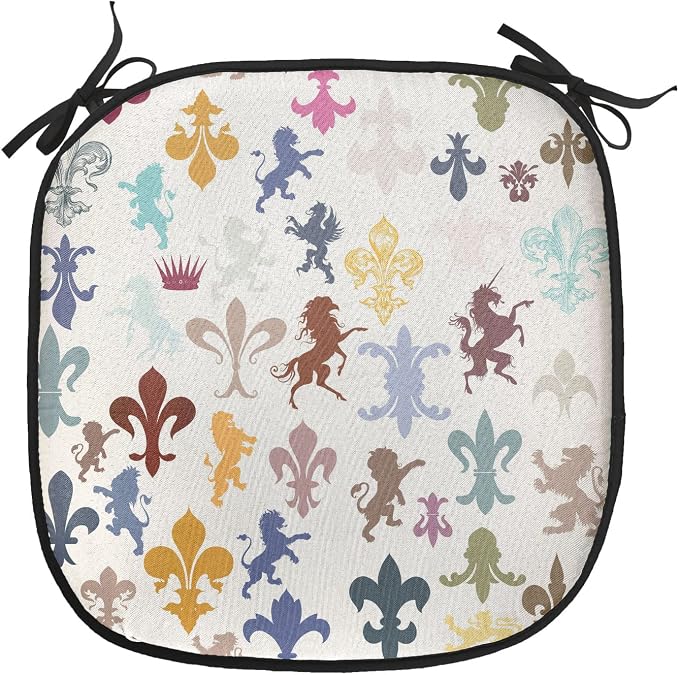 Lunarable Fleur De Lis Chair Cushion Pads Set of 2, Pattern with Lions Horses Griffins Unicorn and Royal Flower Fantasy Art, Anti-Slip Seat Padding for Kitchen & Patio, 16"x16", Ivory Multicolor