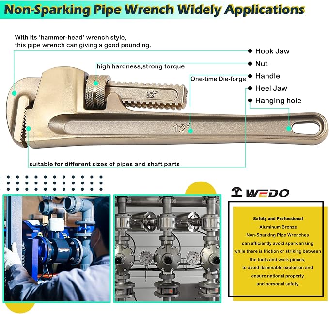 WEDO Non-Sparking Pipe Wrench,8" Spark-Free Straight Plumbing Wrench,No Spark Safety Adjustable Spanner, Length 200mm,Opening Max 25mm,Aluminum Bronze,DIN Standard,BAM & FM Standard