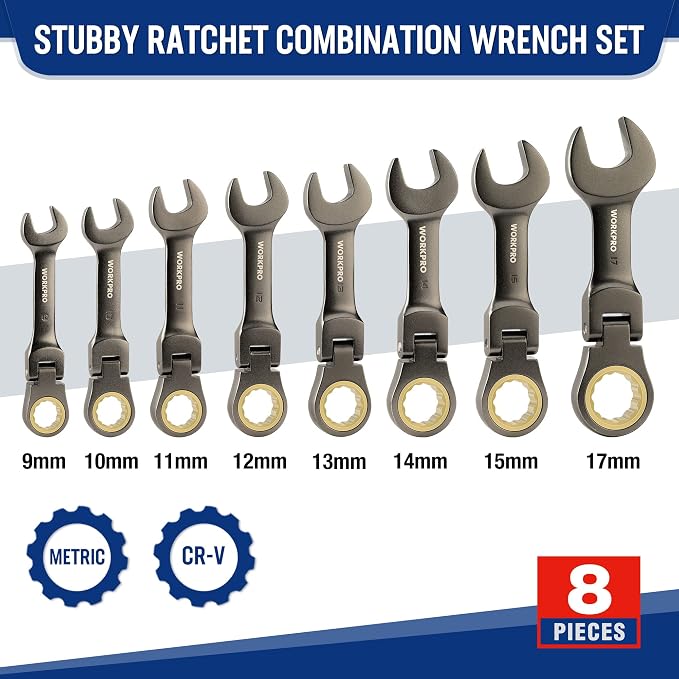 WORKPRO 8 Piece Flex Head Stubby Ratcheting Wrench Set, Metric 9-17mm | 72-tooth CR-V Wrenches with Nickel-plated Finish for Automotive, Garage and Home Repairs, Includes Rolling Pouch