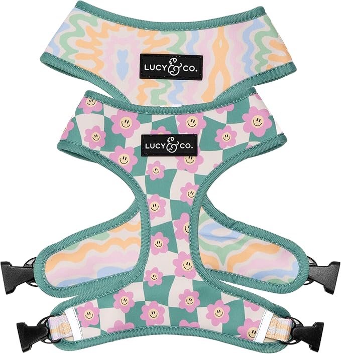 Lucy & Co. Reversible Dog Harness - Water-Repellent Neoprene, Dual-Print Design, Easy Swap Style, Adjustable Comfort Fit - Just Chill Reversible Harness - X-Large