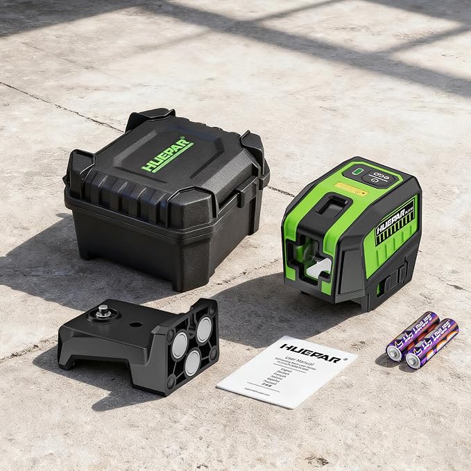 HUEPAR 2 Point and Cross Line Self Leveling Laser Alignment Tool with Plus Mode (98-165Ft), Laser Level & 2 Plumb Dots with 360° Magnetic Base Includes 2 AA Batteries & Hard Carrying Case - PL211G