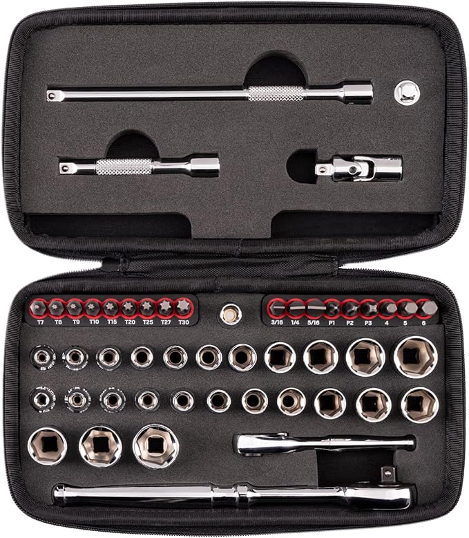 TEKTON 1/4 Inch Drive 6-Point Small Engine Socket Set, 50-Piece | SKT07901 | (5/32 - 9/16 in., 4 - 15 mm, Phillips #1 - 3, Slotted 3/16 - 5/16 in., T7 - T30), Shallow, Zipper Case, Custom Foam