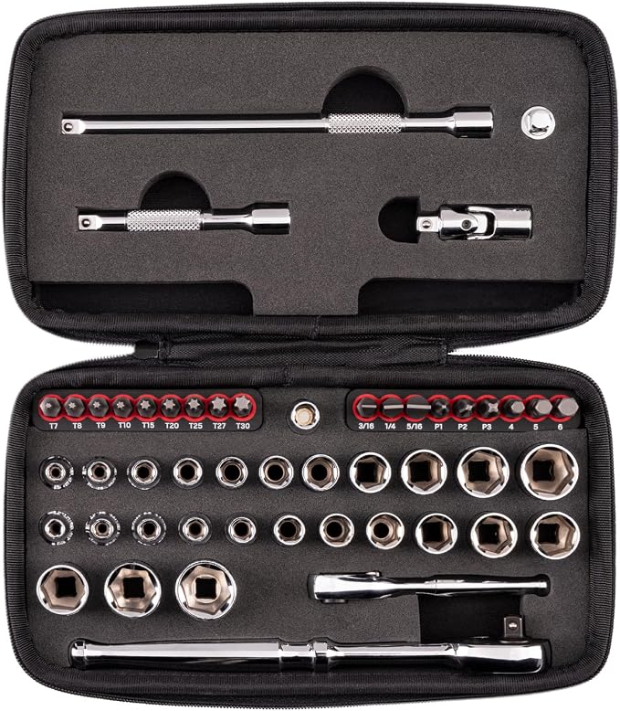 TEKTON 1/4 Inch Drive 6-Point Small Engine Socket Set, 50-Piece | SKT07902 | (5/32 - 9/16 in., 4 - 15 mm, Phillips #1 - 3, Slotted 3/16 - 5/16 in., T7 - T30), Shallow, Zipper Case, Custom Foam