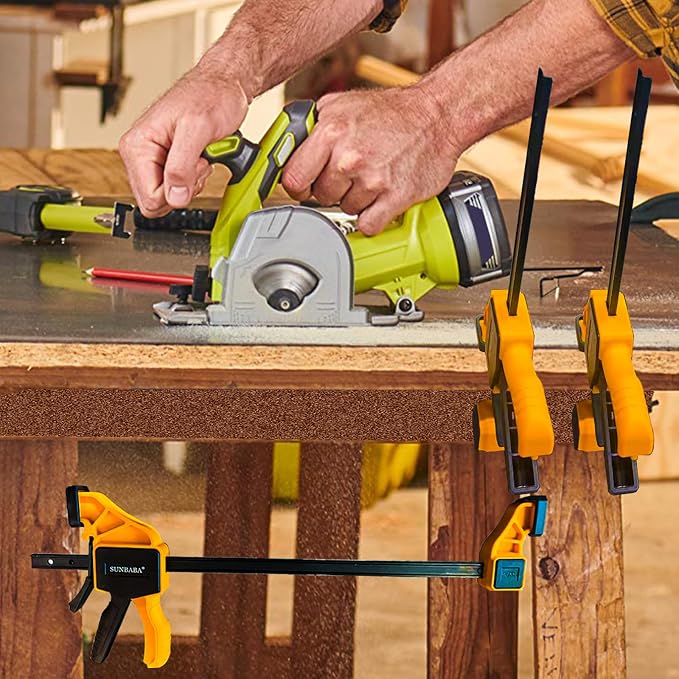 SUNBABA 6 Pack Clamps for Woodworking 12”(4)&6”(2) Light Duty One-Handed F Clamp/Spreader Bar Clamps Set 150LBS Load Limit with Quick Change Button
