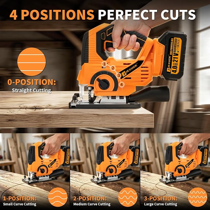 JEXUGK Cordless Jigsaw, 21V Power Jig Saw with 2 x 4.0Ah Batteries, 4 Orbital Settings, ±45° Bevel Cuts, 3200 RPM Variable Speed Jigsaw Tool with 12 Blades, Jigsaw Cutter for Wood Metal Cutting