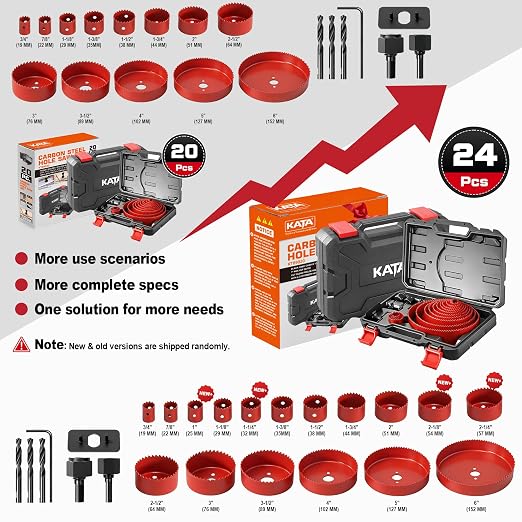 KATA 24PCS Hole Saw Kit, Hole Saw Set with 3/4"-6" (19-152mm) Saw Blades, Multi-Size Hole Cutter Drill Bits, Mandrel in Case, Clean Cutting Holesaw for Soft Wood, Drywall, Plywood, PVC, Plastic, Red