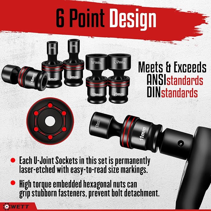 WETT 15-Piece 3/8" Drive Shallow Impact Universal Joint Socket Set, Metric Swivel Socket Set (8-22mm), Flexible Wobble Sockets, 6 Point