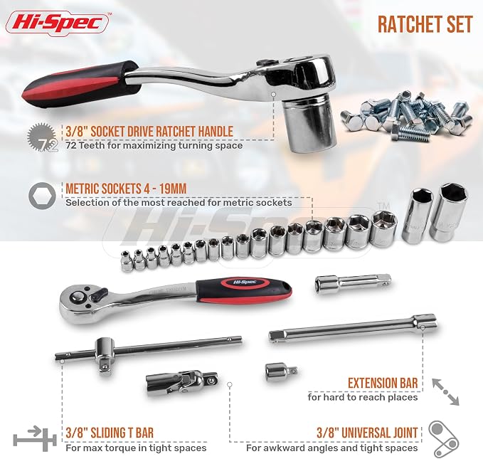 Hi-Spec Metric Auto Mechanic Tool Set Motorcycle & Car Tool Kit Trucks