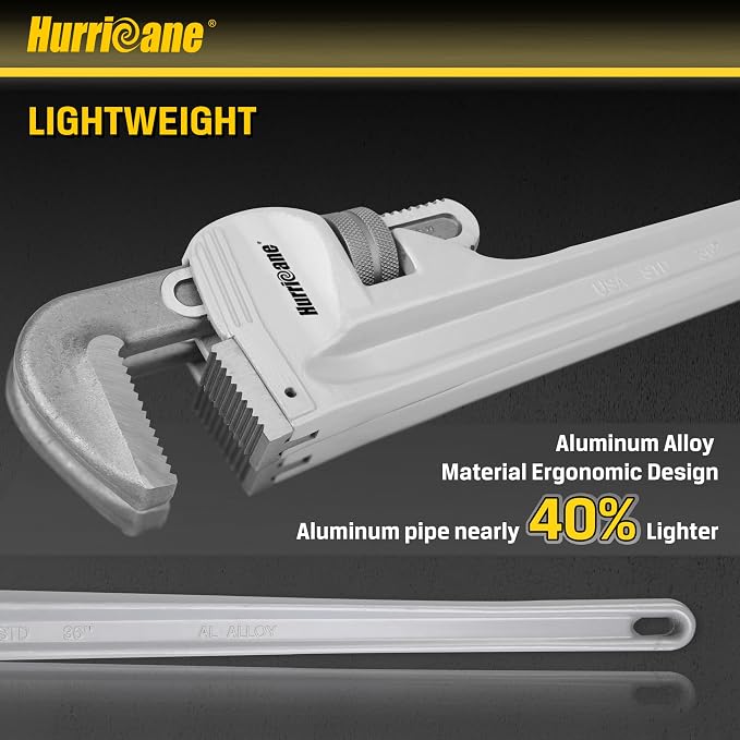 HURRICANE Aluminum Pipe Wrench, 36 Inch, Heavy Duty Adjustable Plumbing Tool, Steel Jaws, Lightweight Construction, 2-4.5 Inch Grip Range