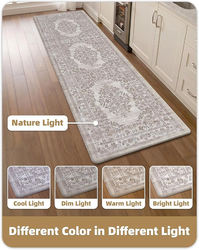 Color&Geometry Anti Fatigue Kitchen Mats for Floor 24x87, Vintage Decor, Easy Clean, Waterproof & Oil Proof, 0.4" Thick Cushioned, Non-Slip Kitchen Runner Rug for Sink, Laundry, Office, Khaki