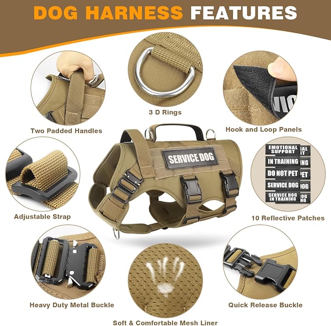Tactical Dog Harness with Dog Leash, Service Working MOLLE Vest with 10 Pet Patches for Medium Dog, No Pull Military Harness and Backpack for Training Hunting Walking
