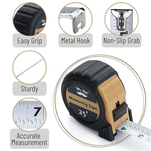 Mr. Pen- Retractable Tape Measure 25 ft, Light Brown, Easy Read, Steel Retractable Measuring Tape with Fractions, Ideal for Construction & DIY Projects