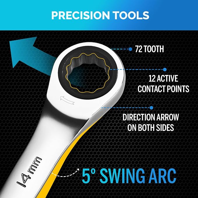 Ratcheting Wrench - Slim Profile - Ratchet Wrench, 26 Pieces Metric & Standard Wrench Set with Rack Organiser