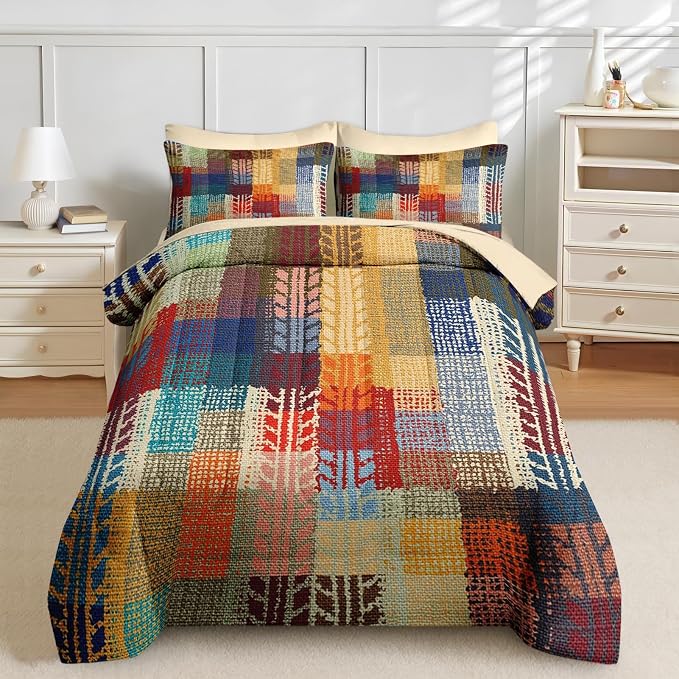 Nesker Comforter Set Twin Size, Boho Vintage Geometric 5 Pcs Bedding for Kids and Adults, Painting Colorful African Bed Sheet Sets with Fitted Sheet Pillowcase & Sham