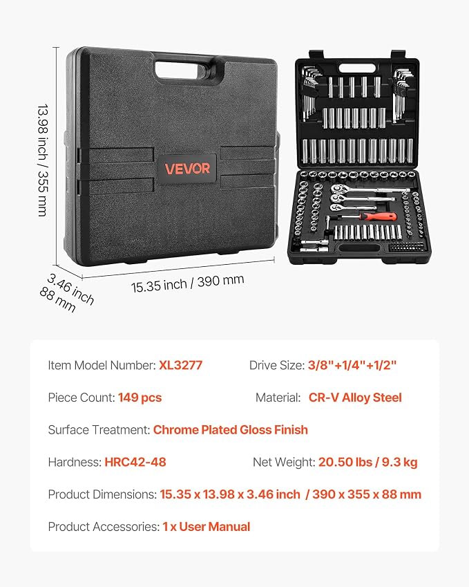 VEVOR Socket Set, 149 Pieces, 3/8 & 1/4 & 1/2 inch Drive Socket and Ratchet Set, SAE and Metric, Deep and Shallow, Mechanic Tool Kit with Bits, Accessories, Storage Case, CR-V Alloy Steel, for Repair | CR-V, SAE and Metric, Deep and Shallow, Tool Set w...