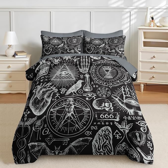 Nesker Comforter Set King Size, Vintage Halloween 7 Pcs Bedding for Kids and Adults, Mysticism Alchemy Bed Sheet Sets with Fitted Sheet 2 Pillowcases & 2 Shams