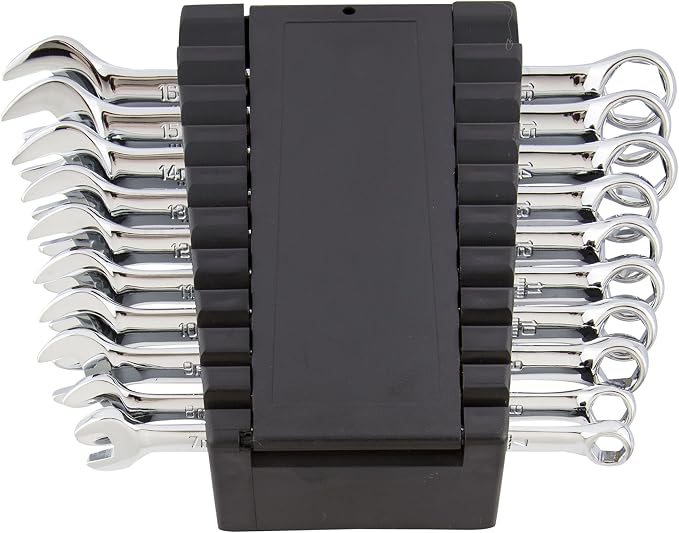 Steelman Pro 10-Piece Metric 6-Point Combination Wrench Set for Mechanics, Chrome Vanadium Alloy Steel, Angled Ends, Storage Rack Included
