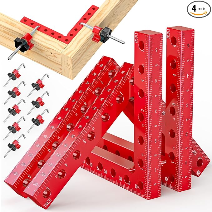 Corner Clamps for Woodworking, 4 Pcs 5.5" Aluminum Alloy 90° Right Angle Clamp Set, Precision L-Shaped Screws, Dual Scale Positioning Squares for Frames, Cabinets, Drawers & Boxes
