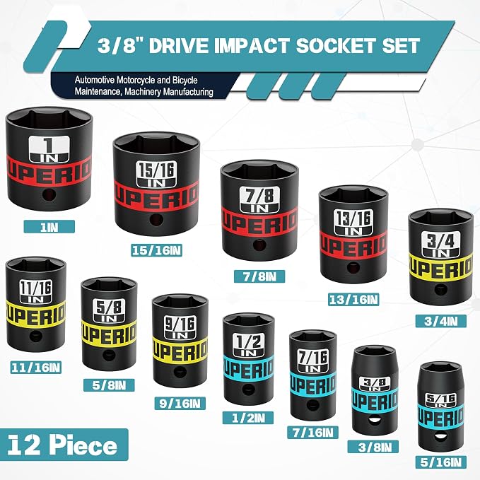 12 Piece 3/8" Drive Impact Socket Set, 5/16" - 1" Shallow Socket, SAE, 6 Point, CR-V, Automotive Motorcycle and Bicycle Maintenance, Machinery Manufacturing